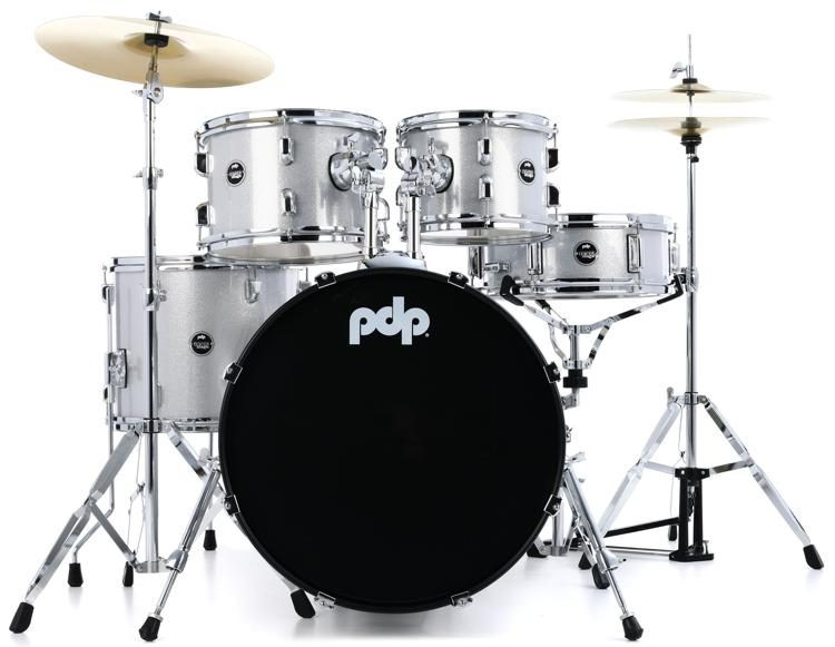 PDP Centerstage White Sparkle Shell Pack (20", 10", 12", 14" + 14" x 5" Snare) W/ Hardware + Cymbals