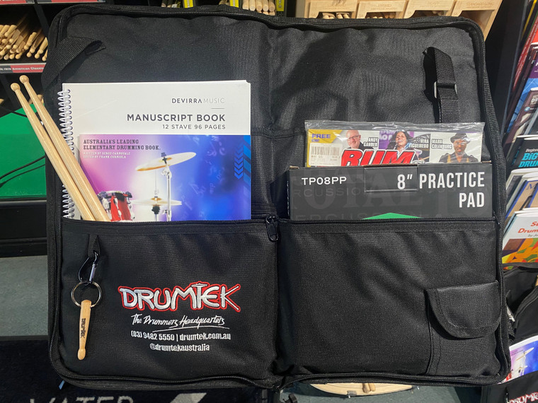STUDENT STARTER PACK: Includes Heavy Duty Stick Bag / Backpack, Drumsticks, Practice Pad, ABC of Drumming, Manuscript Book & 2 Drumscene Magazines