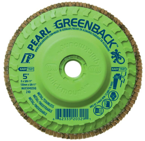 Pearl Abrasive T-29 Greenback Quickmount Trimmable Zirconia Maxidisc Flapdisc 10ct Case Z40, Z60, or Z80 Grit 6 x 5/8-11 MAX6040ZGQ, MAX6060ZGQ, MAX6080ZGQ