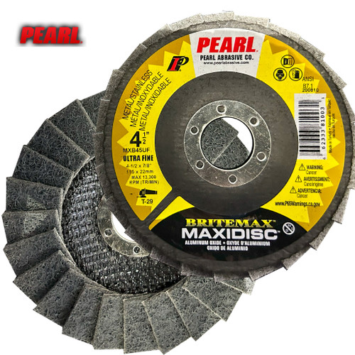 MXD4560 881300 4-1/2 x 7/8 A60/Coarse 13,300 2,700 - 6,000 10/200
MXD4580 881301 4-1/2 x 7/8 A80/Medium 13,300 2,700 - 6,000 10/200
MXD4515 881302 4-1/2 x 7/8 A150/Very Fine 13,300 2,700 - 6,000 10/200
MXD0560 881303 5 x 7/8 A60/Coarse 12,200 2,500 - 4,500 10/200
MXD0580 881304 5 x 7/8 A80/Medium 12,200 2,500 - 4,500 10/200
MXD0515 881305 5 x 7/8 A150/Very Fine 12,200 2,500 - 4,500 10/200
MXB45CO 881000 4-1/2 x 7/8 Coarse/Brown 13,300 5,800 10/100
MXB45COH 881004 4-1/2 x 5/8-11 Coarse/Brown 13,300 5,800 10/100
MXB45ME 881001 4-1/2 x 7/8 Medium/Maroon 13,300 5,800 10/100
MXB45MEH 881005 4-1/2 x 5/8-11 Medium/Maroon 13,300 5,800 10/100
MXB45VF 881002 4-1/2 x 7/8 Very Fine/Blue 13,300 5,800 10/100
MXB45VFH 881006 4-1/2 x 5/8-11 Very Fine/Blue 13,300 5,800 10/100
MXB45UF 881003 4-1/2 x 7/8 Ultra Fine/Grey 13,300 5,800 10/100
MXB45UFH 881007 4-1/2 x 5/8-11 Ultra Fine/Grey 13,300 5,800 10/100
MXB05CO 881008 5 x 7/8 Coarse/Brown 12,200 5,300 10/100
MXB05COH* 881012 5 x 5/8-11 Coarse/Brown 12,200 5,300 10/100
MXB05ME 881009 5 x 7/8 Medium/Maroon 12,200 5,300 10/100
MXB05MEH* 881013 5 x 5/8-11 Medium/Maroon 12,200 5,300 10/100
MXB05VF 881010 5 x 7/8 Very Fine/Blue 12,200 5,300 10/100
MXB05VFH* 881014 5 x 5/8-11 Very Fine/Blue 12,200 5,300 10/100
MXB05UF 881011 5 x 7/8 Ultra Fine/Grey 12,200 5,300 10/100
MXB05UFH* 881015 5 x 5/8-11 Ultra Fine/Grey 12,200 5,300 10/100
MODEL ITEM ID SPECS GRIT MAX RPM OPT RPM BOX/CTN
MODEL ITEM ID SPECS GRIT MAX RPM OPT RPM BOX/CTN
MAXIDISC™
NON-WOVEN SURFACE CONDITIONING FLAP DISCS
BRITEMAX™ NON-WOVEN ALUMINUM
OXIDE
DUALMAX™ INTERLEAF
ALUMINUM OXIDE
T-29
T-29
METAL/STAINLESS STEEL
Stainless Steel, Titanium, Alloys, Mild Carbon Steel,
Ferrous Metals, Cast Iron, Brass, Bronze, Aluminum
Maxidisc™ BriteMax™ is created of
high-quality aluminum oxide grains
in overlapping non-woven flaps
resulting in high durability and long
life. The disc is designed to offer
maximum performance and safety.
Applications: Surface conditioning,
deburring, blending, cleaning, removal of
rust, corrosion, mild scale, paint, adhesives