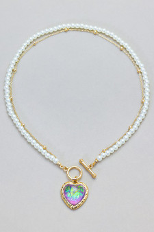 Heart Pendant Pearl And Chain Toggle Necklace