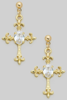Fleur De Lis Cz Cross Drop Earrings