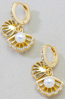 Cz Pave Huggies With Clam And Pearl Charm