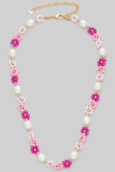 Faux Pearl And Beaded Flower Necklace