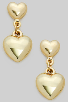 Dangling Brass Tiered Puff Heart Earrings