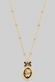 Dainty Bow And Rose Oval Pendant Necklace