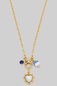 Ceramic Bead Pearl Heart And Stone Charm Necklace