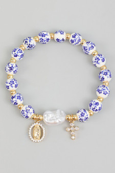 Porcelain Bead Stretch Bracelet With Cross N Mary