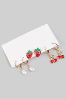Three Pair Fruit And Pearl Huggies And Stud Set