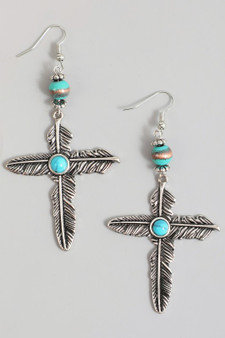 Western Feather Cross Drop Earrings