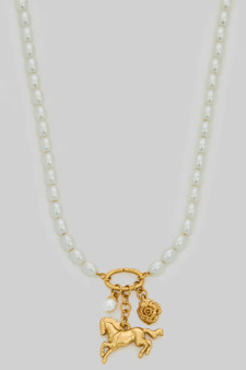 Pearl Necklace With Rose And Horse Pendant