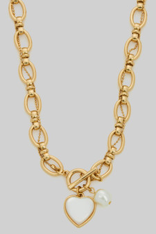 Heart Ac And Pearl Toggle Chain Necklace