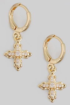 Brass Small Cross With Cz Pave Huggies