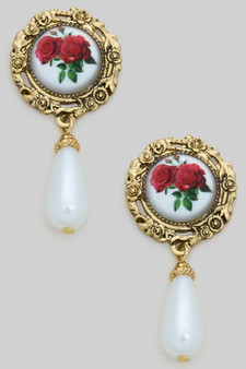 Rose Portrait Earrings With Dangling Pearl