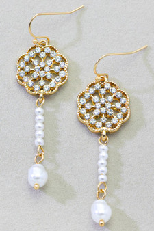 Cz Pave Cluster And Dangling Pearl Earrings