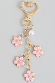 Lacquered Flower And Pearl Bead Bag Charm Keychain