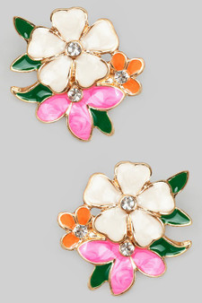 Lacquered Multi Flower Drop Earrings With Cz