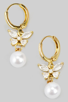 Brass Huggies With Cz Butterfly And Pearl