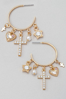 Cross Heart And Star Charm Hoop Earrings