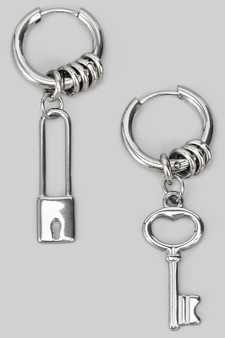 Stainless Steel Lock And Key Charm Hoops
