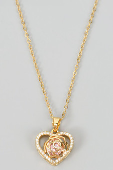 Stainless Steel Cz Pave Jewel Heart Rose Pendant