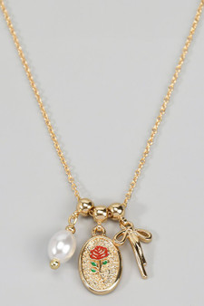 Bow Rose Portrait And Pearl Beaded Charm Necklace