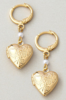 Dangling Heart Locket Huggie Earrings With Pearl