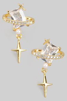 Cz Pave Planet Studs With Dangling Star Charm