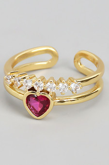 Red Stone Heart Cutout Ring With Cz
