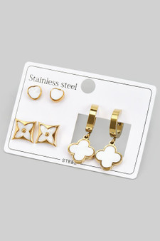 Stainless Steel Mop Heart Clover Huggie Set