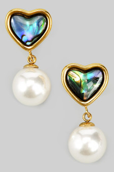 Mop Abalone Heart And Pearl Drop Earrings