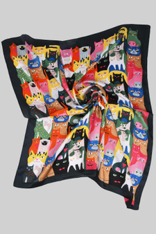 Multi Color Silky Cat Print Square Scarf