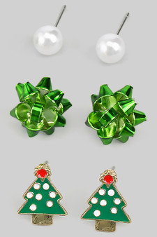 Pearl Bow And Tree Stud Set
