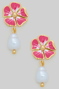 Color Flower Pearl Drop Post Earrings