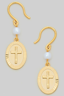 Cross Charm Pearl Drop Earrings