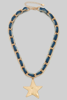 Hammered Star Pendant Denim Fabric Necklace