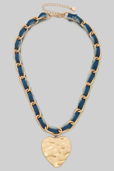 Hammered Heart Pendant Denim Fabric Necklace