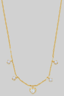 Cz Heart And Pearl Charm Brass Necklace