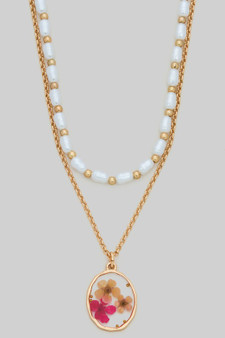 Layered Pearl And Pressed Flower Pendant Necklace