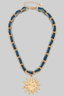 Hammered Sun Pendant Denim Fabric Necklace