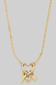Cz Carabiner Heart Lock Three Charm Necklace