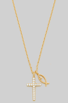 Cz Pave Cross And Fish Pendant Necklace