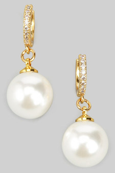 Cz Huggies With Dangling Pearl