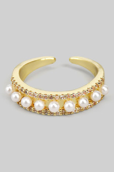 Brass Band Ring With Cz Pave And Pearls