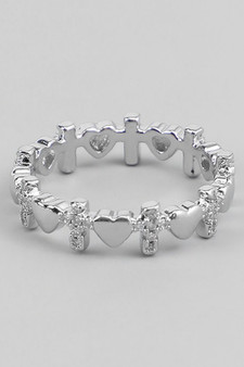 Dainty Cz Cross And Heart Link Ring