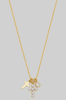 Three Charm Cross And Cz Pendant Necklace