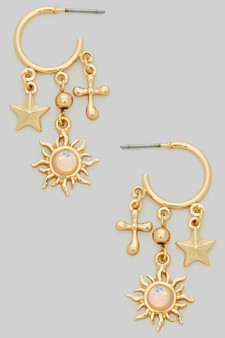 Sunburst Cross Star Charm Hoops