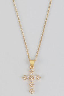 Cz Pave Pointed Cross Pendant Brass Necklace