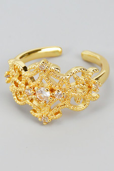 Lavish Filigree Brass Ring With Cz Pave