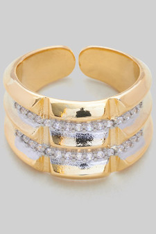18K Gold Dipped Section Ring With Cz Pave